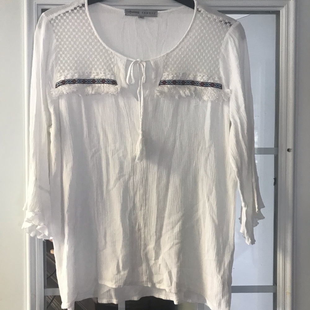 White Embroidered with‎ Fringe Women's Top